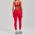 Women backless red yoga jumpsuit with scrunch butt detail and sleeveless V-waist design - Red