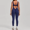 Deep blue backless yoga jumpsuit with V-waist and scrunch butt lifting detail - Navy Blue