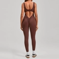 Dark brown backless yoga jumpsuit with U-back design and scrunch butt lifting effect - Coffee