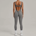 Gray backless compression yoga jumpsuit featuring a scrunch butt lifting design for fitness - Dark Gray