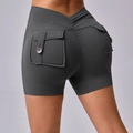 Dark grey V-waist yoga shorts with scrunch butt lifting effect and cargo style pockets - S / Bottoms / Dark Gray
