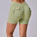 Light green high waist scrunch butt gym shorts with functional cargo pockets for yoga - S / Bottoms / Avocado Green