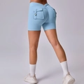 Women's light blue high waist scrunch butt gym shorts with functional cargo pockets - S / Bottoms / Sky Blue