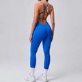Women's royal blue yoga bodysuit with cross back straps and open back design - Sapphire Blue
