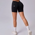 High waist black scrunch butt yoga shorts with functional side pockets and button detail - M / Bottoms / Black