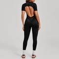 Slim fit black short sleeve yoga jumpsuit with open back and high stretch fabric - S / Black