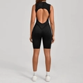Sleeveless black yoga bodysuit featuring a circular back cutout and high-neck slim fit - S / Black