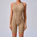 Sleeveless khaki skin-tight bodysuit with high neck and 3D textured seam detailing - Clay Brown