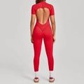Women's red short sleeve sports bodysuit with heart open back for yoga and fitness - S / Red