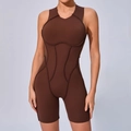 Dark brown high-elastic one-piece yoga romper with seamless contouring stitch lines - Coffee