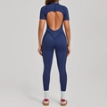 Deep blue yoga bodysuit with stand collar, short sleeves, and stylish backless design - S / Navy Blue