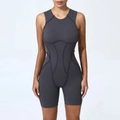 Dark grey tight-fit sleeveless sports bodysuit with ergonomic contrast stitching design - Charcoal Gray