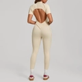 Beige stand collar yoga bodysuit with short sleeves and heart-shaped back cutout design - S / Beige