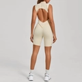 Beige athletic backless yoga romper with high elasticity and hollow-out back design - S / Beige