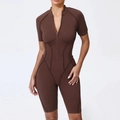 Slim fit dark brown short sleeve athletic bodysuit with front zipper and contour seams - Coffee