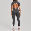 Dark grey short sleeve bodysuit with open back cutout for yoga and fitness wear - Charcoal Gray