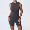 Combinaison de yoga grise sans manches pour femme avec fermeture éclair sur le devant - Gris Anthracite