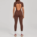 Women's dark brown short sleeve yoga bodysuit with high collar and back cutout - Coffee