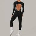 Combinaison de yoga noire à manches longues pour femme avec dos nu et coutures contrastées - Noir et Blanc