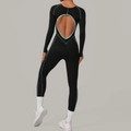Zwarte jumpsuit met lange mouwen, lichtblauwe biezen en hartvormige open rug - S / Zwart-Hemelsblauw