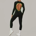 Dames sport bodysuit met lange mouwen in zwart met neon groene biezen en open hartvormige rug - S / Zwart en Groen