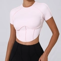 Haut de yoga rose clair cintré à manches courtes avec coutures style corset - Rose Ballet