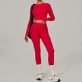 Rotes zweiteiliges Yoga-Set mit Langarm-Crop-Top und hochtaillierten Leggings - S / Rot