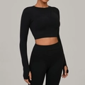 Completo yoga nero da donna con leggings a vita alta e crop top a maniche lunghe - S / Nero