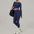 Damen Yoga-Set in Dunkelblau mit bauchfreiem Langarm-Oberteil und High-Waist-Leggings - S / Marineblau