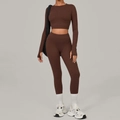 Deep brown two-piece yoga set with long sleeve thumbhole top and high waist leggings - Coffee