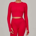 Ensemble de sport rouge avec crop top manches longues et legging de yoga - Rouge