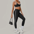 Tweeledige zwarte yogaset met witte biezen, V-hals sportbeha en nauwsluitende hoge taille legging - L / Zwart