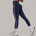 Slanke marineblauwe yoga-legging met hoge taille en witte zijstrepen voor vrouwen - S / Marineblauw