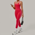 Women's red contrast stitch yoga set with racerback tank top and high waist leggings - S / Red