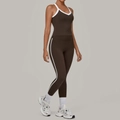 Completo sportivo donna marrone cioccolato con bordi bianchi e leggings a vita alta - S / Marrone
