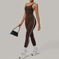 Women's dark brown yoga set with white trim, featuring racerback tank and high waist pants - S / Brown