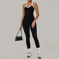 Set sportivo da donna nero con bordo bianco, canotta con scollo a V e leggings a vita alta - S / Nero