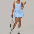 Light blue backless athletic tennis dress with white contrast trim and bubble hem design - S / Sky Blue