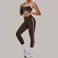 Ensemble de yoga marron foncé pour femme avec liserés blancs et taille haute - S / Marron