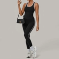 Women's black yoga set with white contrast trim featuring a tank top and leggings - S / Black
