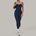 Set yoga blu navy con bordi a contrasto, reggiseno sportivo e leggings a vita alta - S / Blu navy