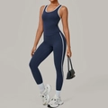Women's navy blue yoga set with contrast white stripes and high stretch racerback vest - S / Navy Blue