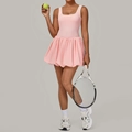 Pink backless tennis dress with white trim contrast and pleated athletic bubble skirt - S / Peach Pink
