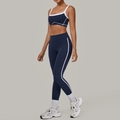Ensemble de yoga bleu marine pour femme avec rayures blanches contrastées et leggings - S / Bleu marine