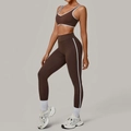 Two-piece yoga set in dark brown with white contrast piping for women sports - Brown