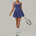 Navy blue tennis dress with white contrast piping and pleated skirt for sports - S / Marble Purple