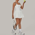 White backless tennis dress with black trim and pleated skirt for sports and fitness - Ivory