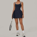 Navy blue backless tennis dress with white trim contrast and pleated sports hemline - S / Midnight Blue
