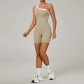 Tutina da yoga kaki monospalla con profili bianchi a contrasto per donna sportiva - S / Lino