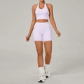 Lila yoga set met hoge taille shorts en haltertop voor fitness en hardlopen - S / Romantisch Paars